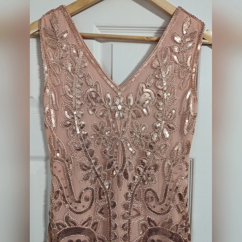 Kayamiya rose gold blush flapper dress sequin fringe size small (read condition)